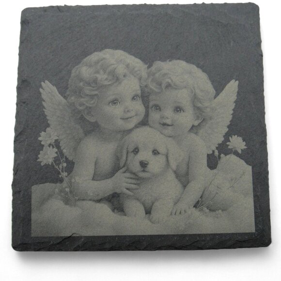 COASTERS CHERUB Angel Themed Personalizable Black Slate Set Of 4 Child and Puppy - Picture 4 of 7